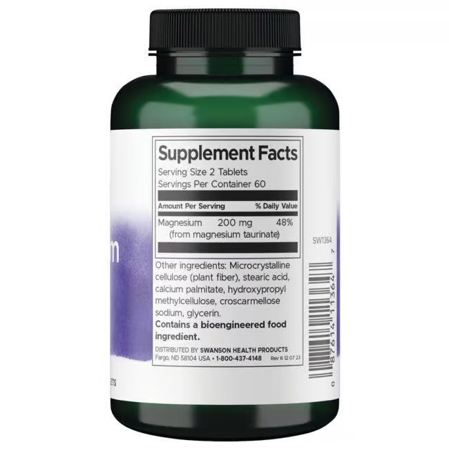 Swanson's Magnesium Taurate 100 mg tablets come in a green bottle with a supplement facts label. Each serving provides 200 mg, fulfilling 48% of the daily value and supporting cardiovascular health.