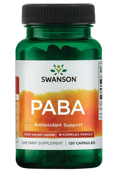 A bottle of Swanson PABA - 500 mg 120 capsules, an antioxidant supplement supporting skin health and red blood cell formation.