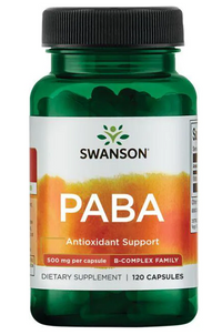 Thumbnail for A bottle of Swanson PABA - 500 mg 120 capsules, an antioxidant supplement supporting skin health and red blood cell formation.
