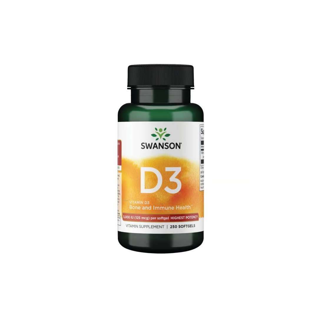 A green bottle of Swanson's Vitamin D3 5000 IU, containing 250 softgels, is designed to support bone health and boost the immune system.