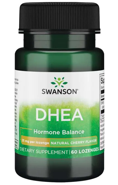 A bottle of Swanson DHEA - 25 mg 60 lozenges Cherry Flavor.