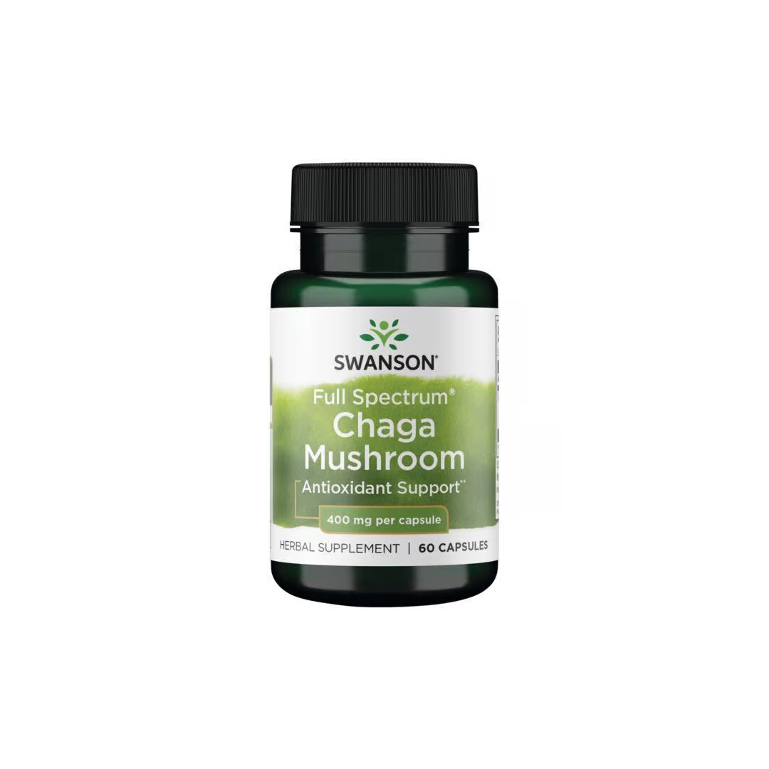 Swanson Chaga Mushroom 400 mg, 60 capsules—herbal supplement for antioxidant and immune support.
