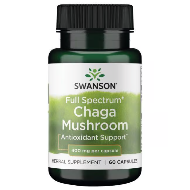 Swanson Chaga Mushroom 400 mg, 60 capsules, provides antioxidant and immune support in an easy-to-take herbal supplement.