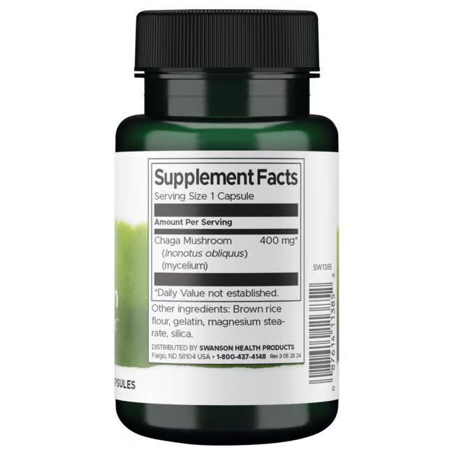 Swanson Chaga Mushroom 400 mg 60 Capsules features antioxidant and immune support on its Supplement Facts label, with additional ingredients and distributor details included.