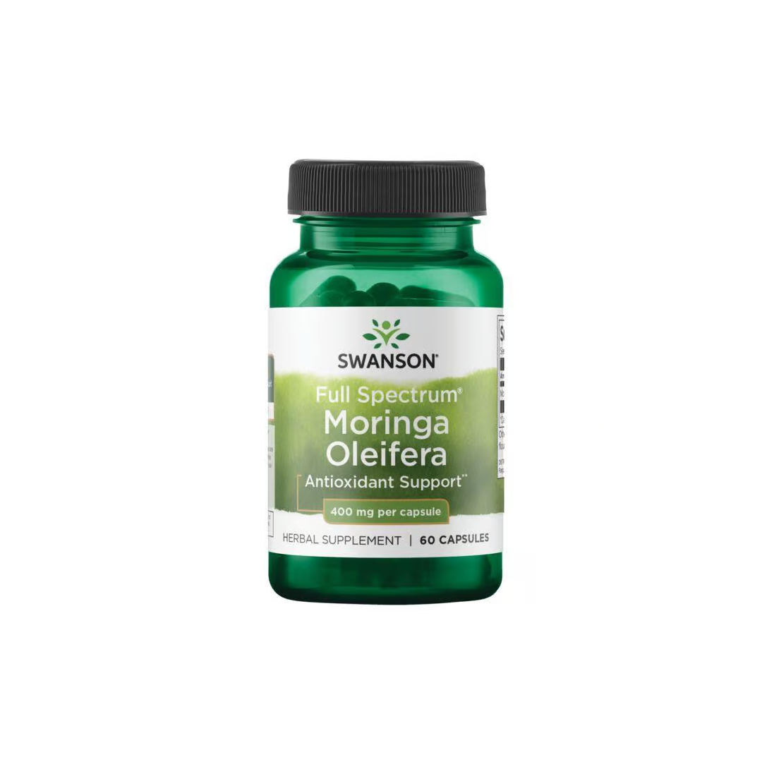 Swanson's "Antioxidant Support" Full Spectrum Moringa Oleifera delivers 400 mg per capsule, with 60 capsules in a green bottle, rich in phytonutrients.