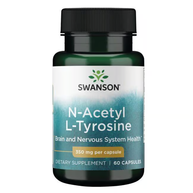 A bottle of Swanson's N-Acetyl L-Tyrosine contains 60 capsules, each with 350 mg, promoting brain and nervous system health.