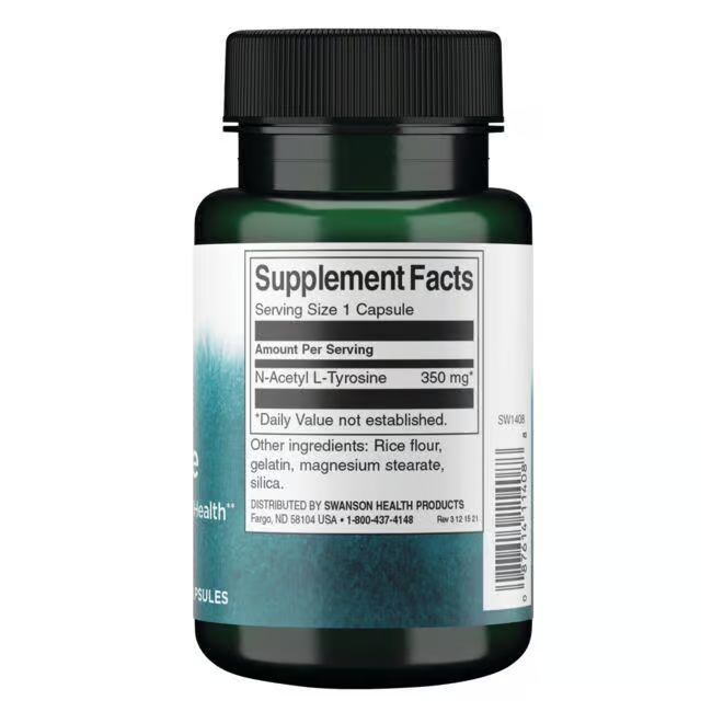 A green bottle with a black cap from Swanson presents the N-Acetyl L-Tyrosine 350 mg supplement facts label, ensuring enhanced bioavailability with ingredients like rice flour and gelatin.