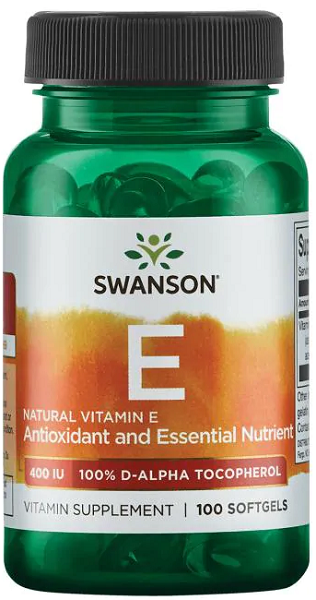 A bottle of Swanson Vitamin E - Natural 400 IU 100 softgel for antioxidant support and cardiovascular health.