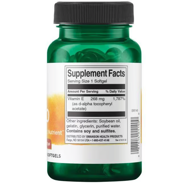 Swanson's Natural Vitamin E-400 IU, 100 Softgels, comes in a green bottle featuring a label with supplement facts. It contains antioxidant-rich tocopherols and ingredients such as soybean oil and gelatin.