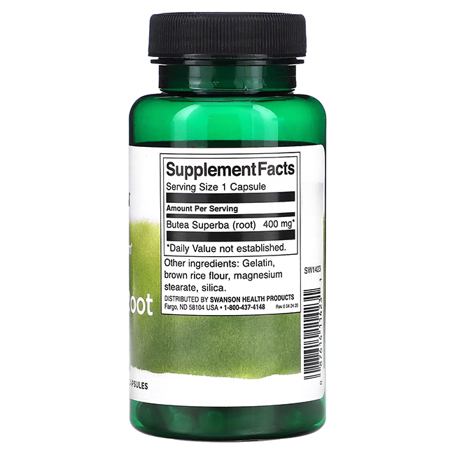 Swanson's Butea Superba Root supplement contains 400 mg per capsule to enhance libido and sexual vigor. Ingredients include gelatin, brown rice flour, magnesium stearate, and silica. Serving size is one capsule, available in a green bottle of 60 capsules.