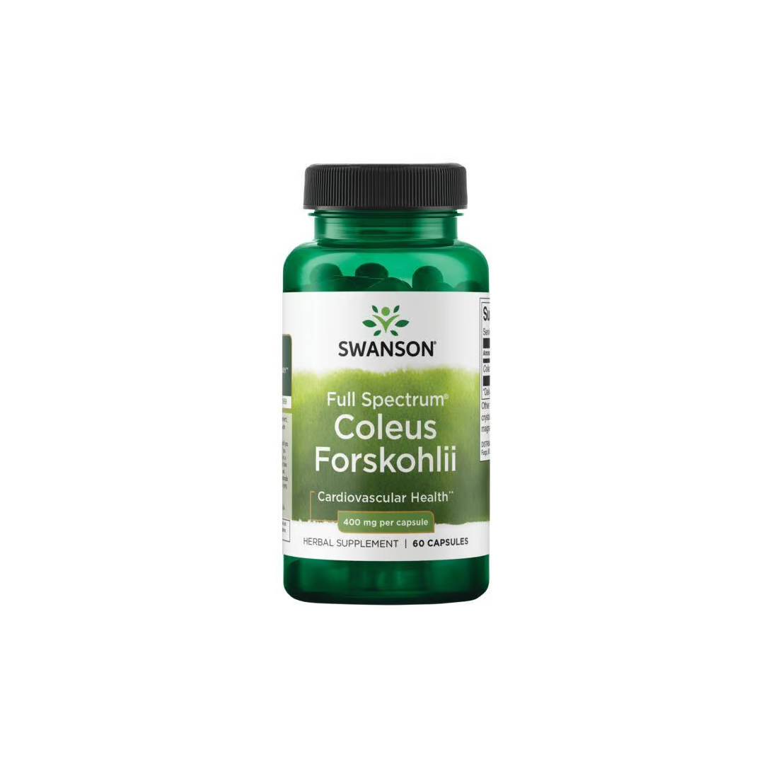 The green bottle of Swanson's Coleus Forskohlii supplement, designed to support cardiovascular health and weight management, includes 60 capsules at 400 mg each.