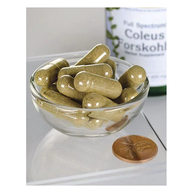 A small glass bowl contains green capsules next to a penny, showcasing the weight loss process. In the background, a Swanson bottle labeled "Coleus Forskohlii 400 mg 60 Capsules" suggests cardiovascular health benefits.