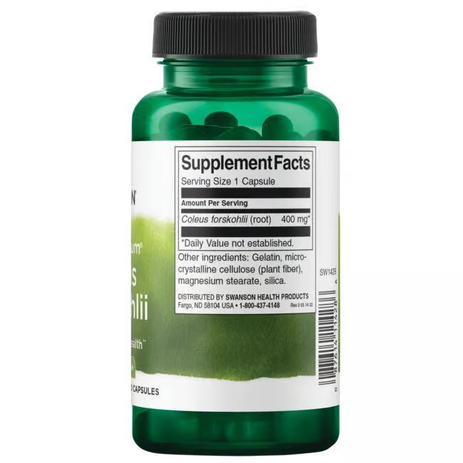 The Swanson Coleus Forskohlii 400 mg supplements come in a green bottle with a label showing supplement facts. These capsules support weight loss and cardiovascular health, containing gelatin, plant fiber, and magnesium stearate.