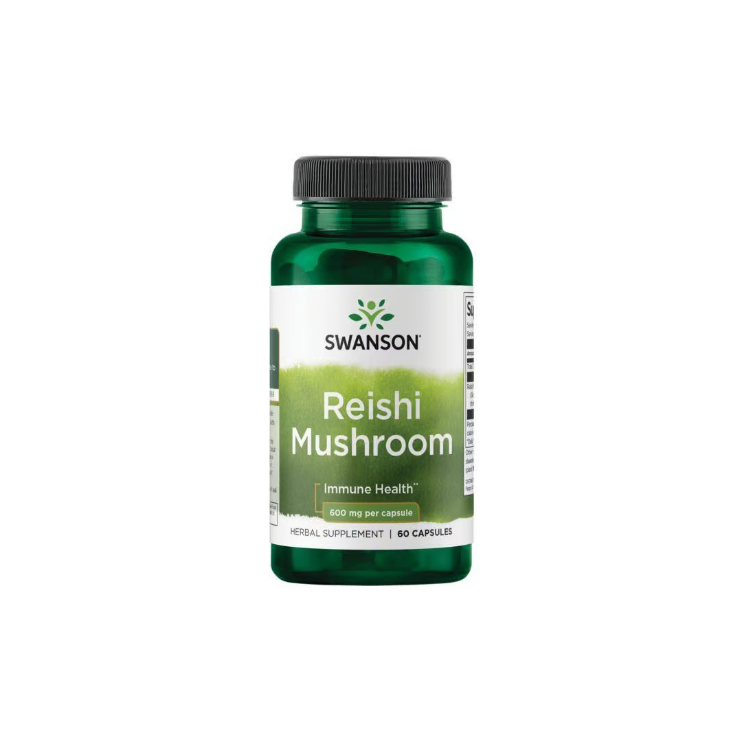 Green bottle of Swanson's Reishi Mushroom 600 mg, 60 Veggie Capsules, designed for immune health and antioxidant benefits.