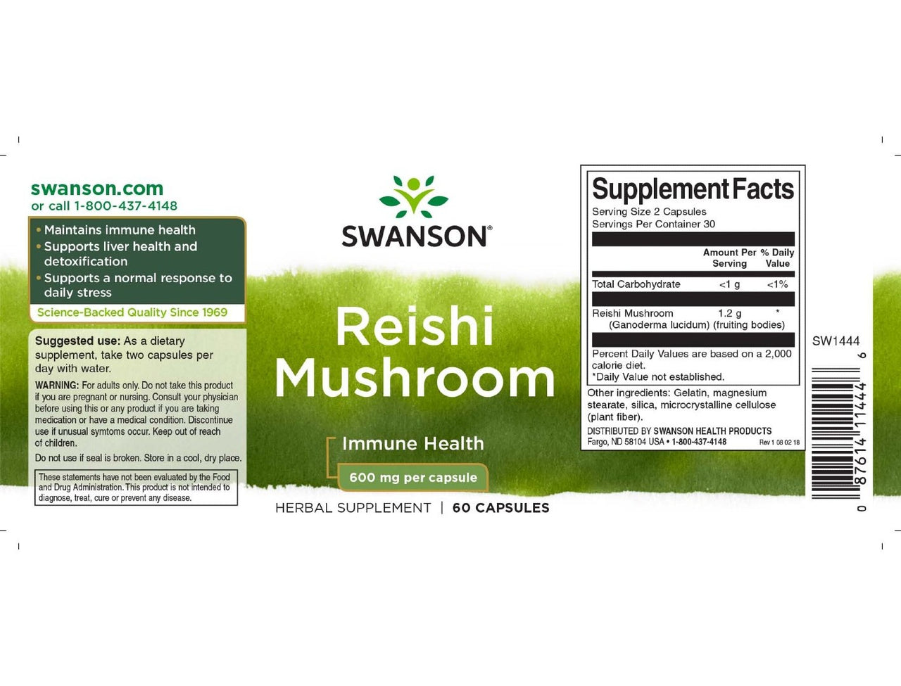 Swanson Reishi Mushroom 600 mg Herbal Supplement - 60 Veggie Capsules. This supplement supports immune health and detoxification with the antioxidant properties of Reishi mushroom. Contains dosage information, ingredient list, and supplement facts.