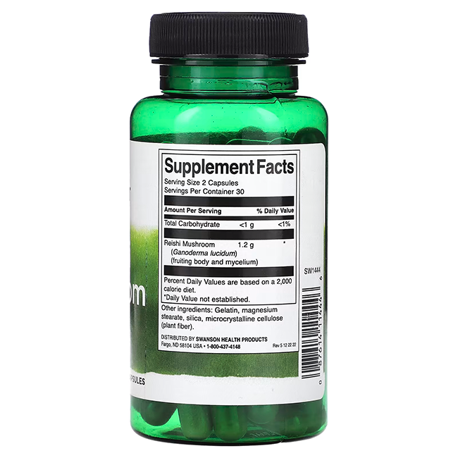 The Swanson Reishi Mushroom 600 mg supplement features a green bottle with a black cap, emphasizing immune health. The label highlights antioxidant-rich reishi mushrooms. It provides 30 servings, with two veggie capsules per serving.