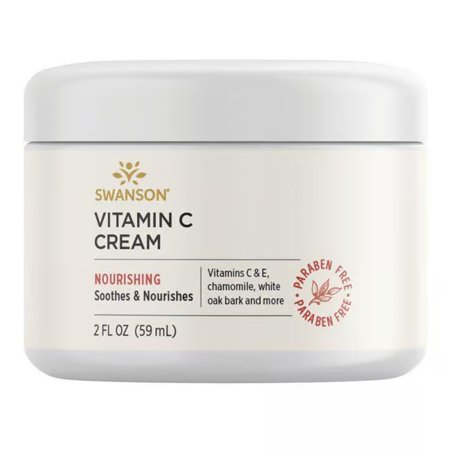 A white jar of Swanson Vitamin C Cream, 59ml, is paraben-free and enriched with antioxidant-rich vitamins C & E, chamomile, and white oak bark to boost skin firmness and vitality.