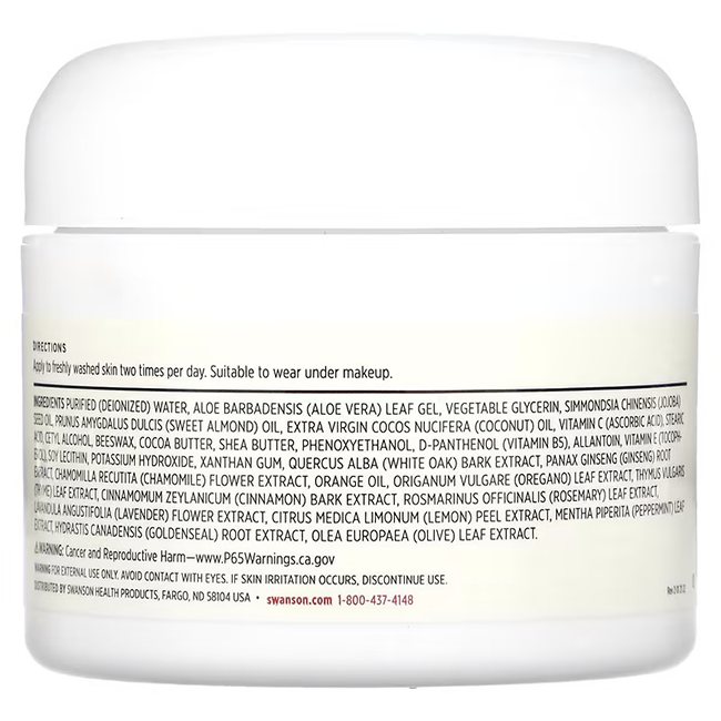 The Swanson Vitamin C Cream 59ml comes in a white jar with a label outlining ingredients, usage directions, and the benefits of Vitamin C for enhanced skin firmness.