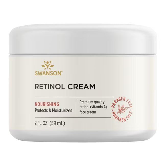 Image of a Swanson Retinol Cream 2 fl oz (59 ml) jar. It is a 2 FL OZ (59 ml) container labeled as nourishing, protecting, and moisturizing with premium quality retinol (vitamin A) that also offers anti-ageing benefits and hyperpigmentation reduction while being paraben-free.