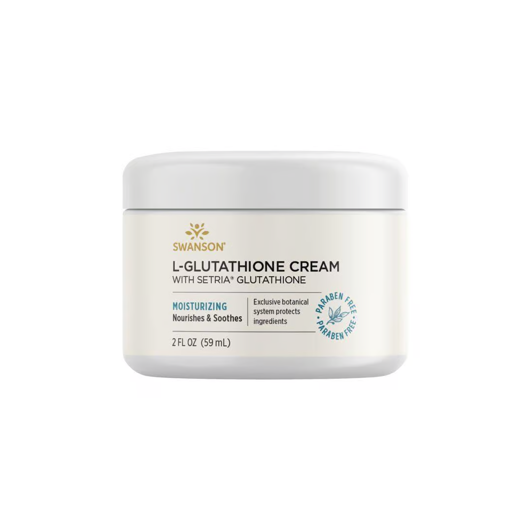 The Swanson L-Glutathione Cream with Setria Glutathione, 59ml, is a moisturizing, paraben-free formula featuring botanical ingredients and advanced skincare methods in a white jar for a nourishing touch.