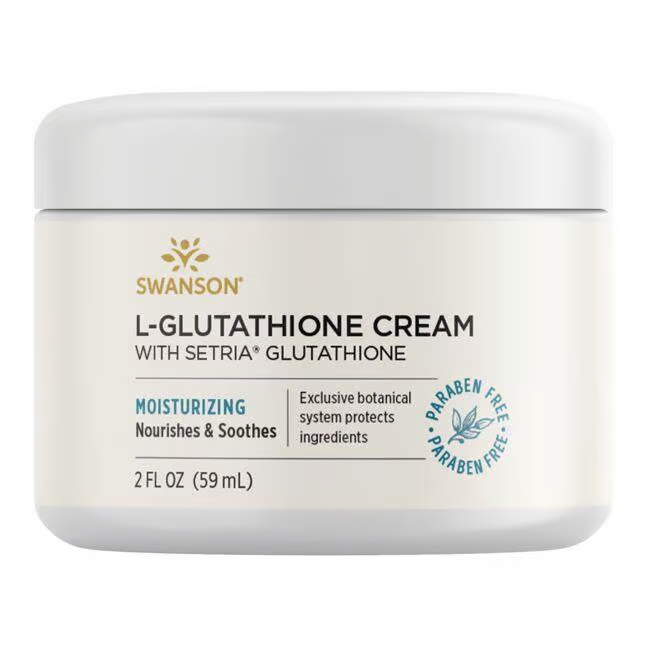 Swanson's L-Glutathione Cream with Setria Glutathione, 59ml, offers advanced skincare. This paraben-free formula highlights moisturizing benefits and features an exclusive botanical system for radiant skin.