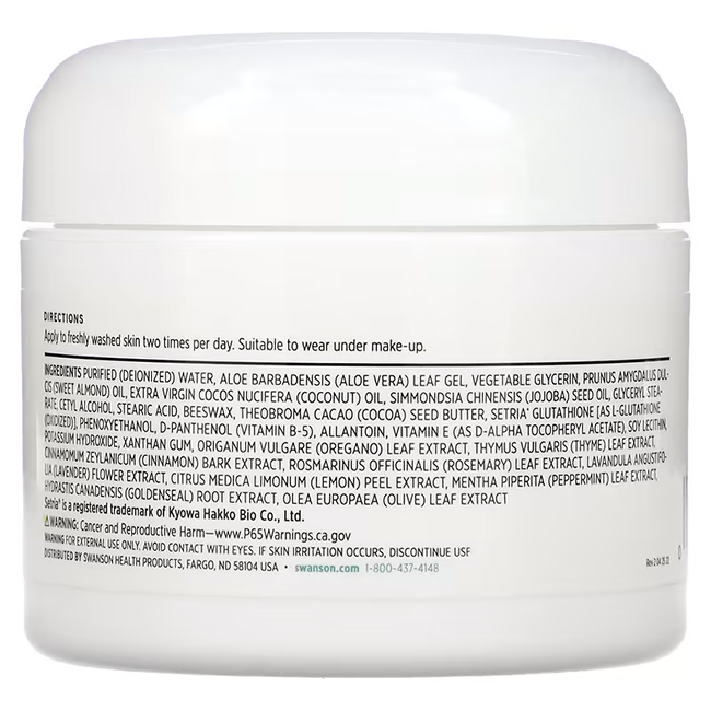 The Swanson L-Glutathione Cream with Setria Glutathione 59ml comes in a sleek white jar with a label providing directions, ingredients, company details, and a website URL.