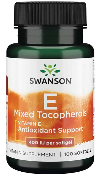 Swanson Vitamin E - 400 IU 100 softgel Mixed Tocopherols provide antioxidant support and help promote cardiovascular health by preventing free radical damage.