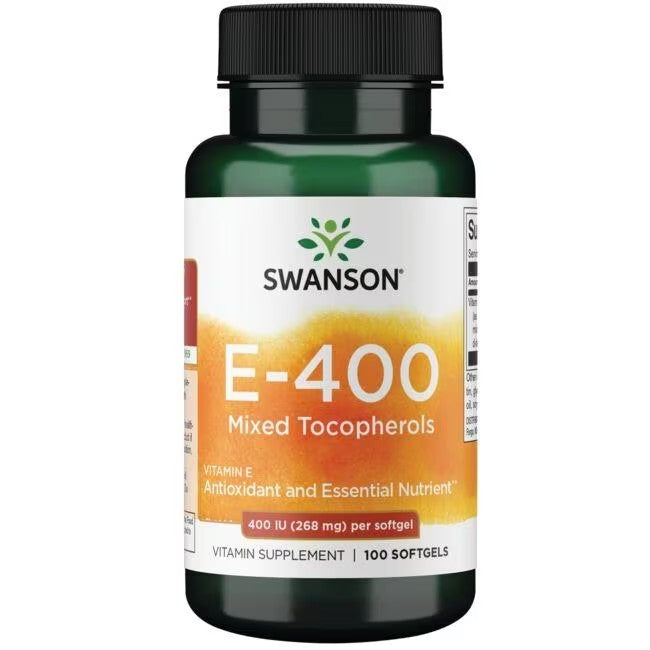 Swanson's Vitamin E - 400 IU Mixed Tocopherols offers 100 softgels of antioxidant and essential nutrient support, each providing 400 IU (268 mg) of Vitamin E to aid cardiovascular health.