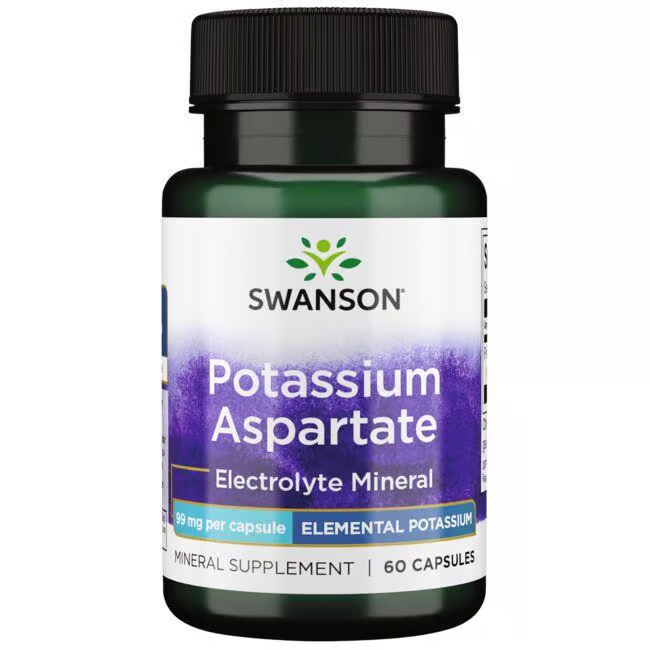 A bottle of Swanson's Potassium Aspartate 99 mg 60 Capsules provides a green electrolyte mineral supplement to support balance and overall health.