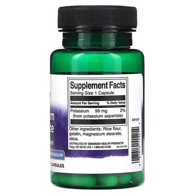 Swanson's Potassium Aspartate 99 mg supplements, bottled in green with a black cap, support electrolyte balance. Each of the 60 capsules contains potassium, rice flour, and gelatin for optimal absorption.