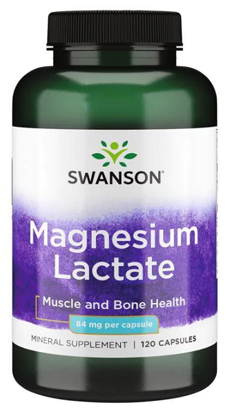 A bottle of Swanson Magnesium Lactate - 84 mg 120 capsules.
