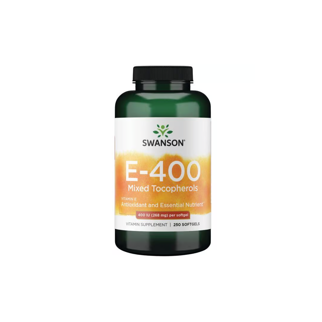 Swanson's Vitamin E-400 Mixed Tocopherols, available in bottles of 250 softgels, is a potent antioxidant supplement that supports overall health and wellness.