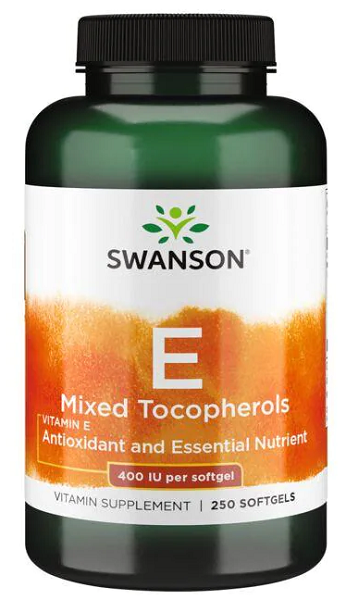 A bottle of Swanson Vitamin E - 400 IU 250 softgel Mixed Tocopherols providing antioxidant support and promoting cardiovascular health.