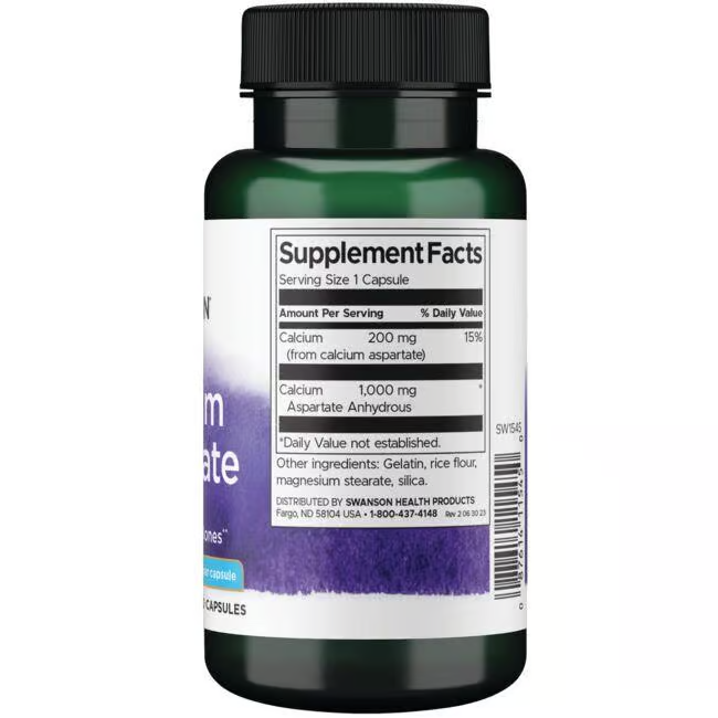 The Swanson Calcium Aspartate 200 mg dietary supplement comes in a bottle of 60 capsules, featuring a label with supplement facts to support bone health.