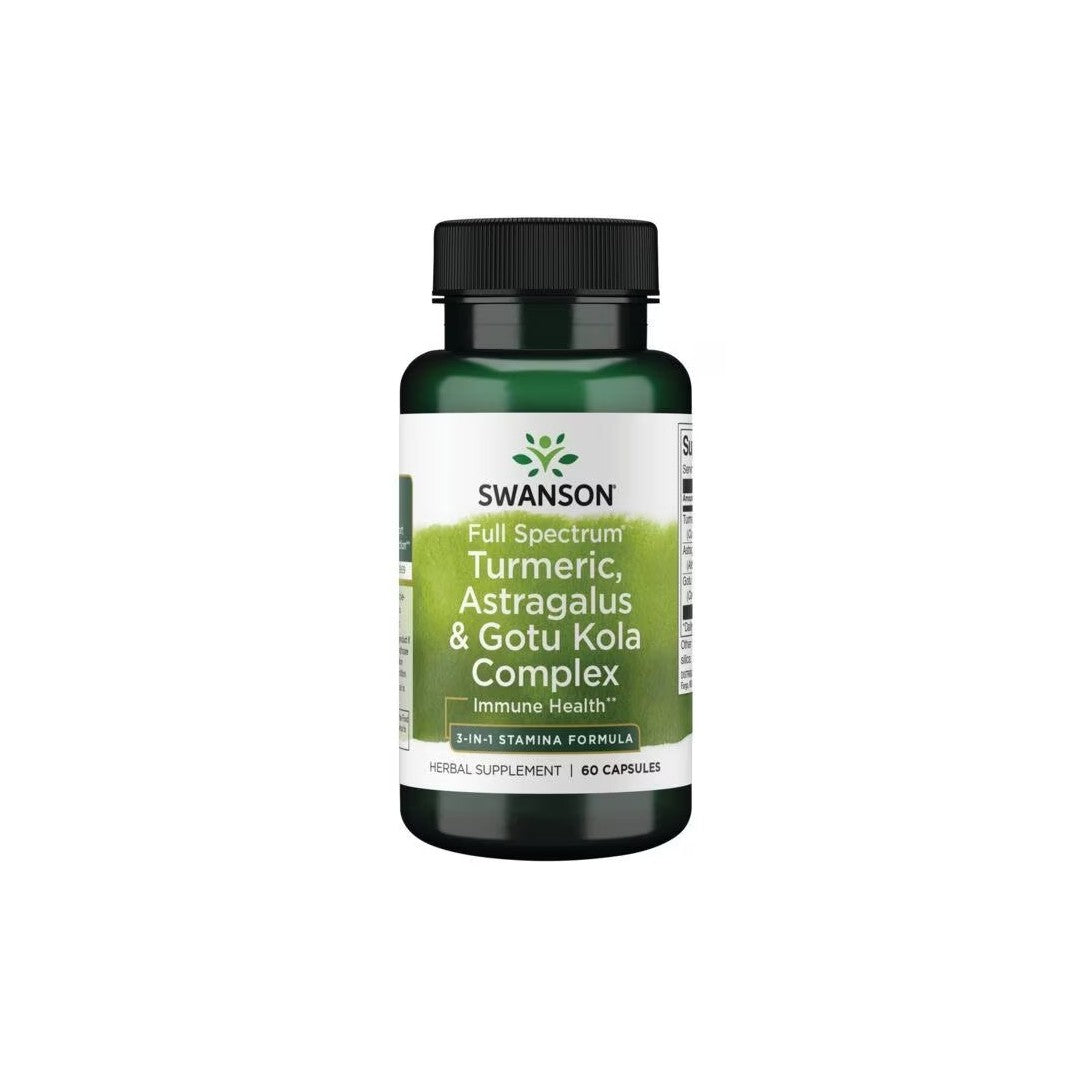 A bottle of Swanson Turmeric Astragalus & Gotu Kola Complex 60 Capsules supplement, labeled as an immune health herbal supplement, containing 60 capsules.