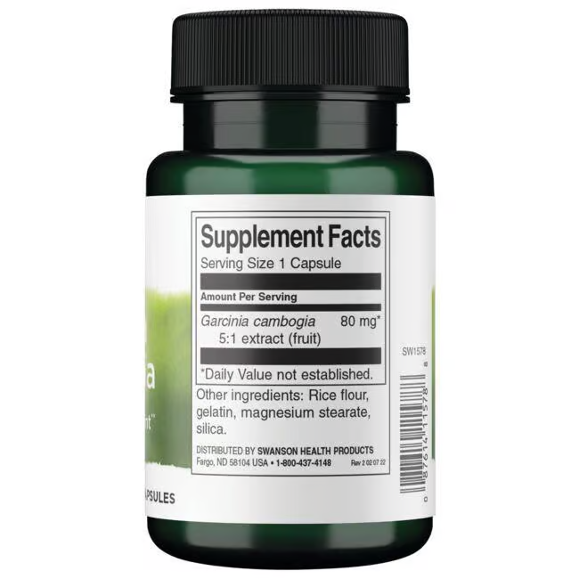 A green bottle of Swanson Garcinia Cambogia 5:1 Extract contains 60 capsules and displays a label with supplement facts. Each serving provides 80 mg of Garcinia Cambogia fruit extract, valued for weight management due to hydroxycitric acid.