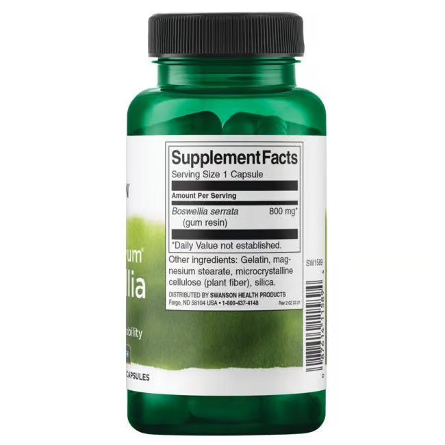 Swanson's Boswellia 800 mg 60 Capsules comes in a green bottle with supplement facts, providing 800 mg of Boswellia serrata per capsule to support joint health. Inspired by Ayurvedic tradition, other ingredients are also listed.