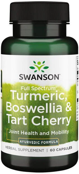 A bottle of Swanson Turmeric, Boswellia & Tart Cherry - 60 capsules providing joint support with Ayurvedic ingredients.