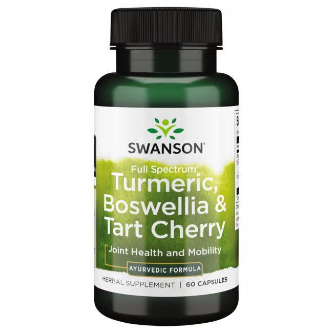 Swanson's Turmeric, Boswellia & Tart Cherry, designed for joint health and mobility, offers 60 herbal supplement capsules.