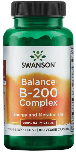 A dietary supplement bottle of Swanson Balance B-200 Complex.