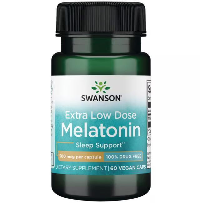 A green bottle labeled "Swanson Extra Low Dose Melatonin, 500 mcg," offers 60 vegetarian capsules ideal for natural jet lag relief.