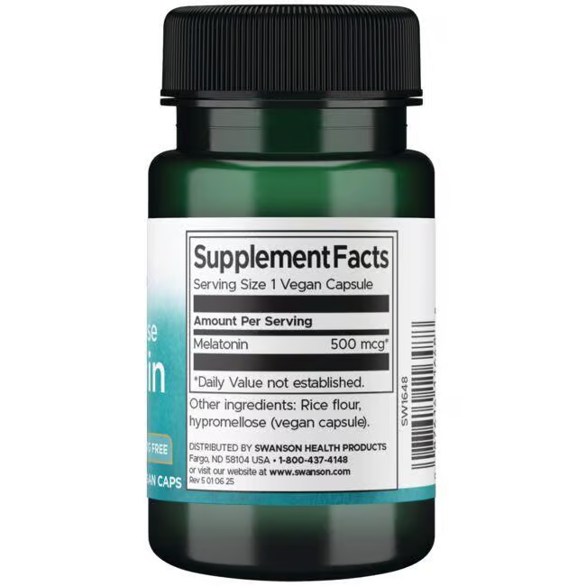 Swanson's Extra Low Dose Melatonin 500 mcg features 60 vegan capsules with rice flour and hypromellose, ideal for jet lag relief.