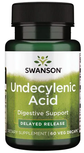 A bottle of Swanson Undecylenic Acid - 60 vege capsules, featuring delayed-release veggie caps for optimal GI tract wellness and balance within the internal ecosystem.