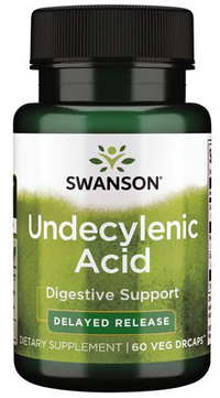 Thumbnail for A bottle of Swanson Undecylenic Acid - 60 vege capsules, featuring delayed-release veggie caps for optimal GI tract wellness and balance within the internal ecosystem.