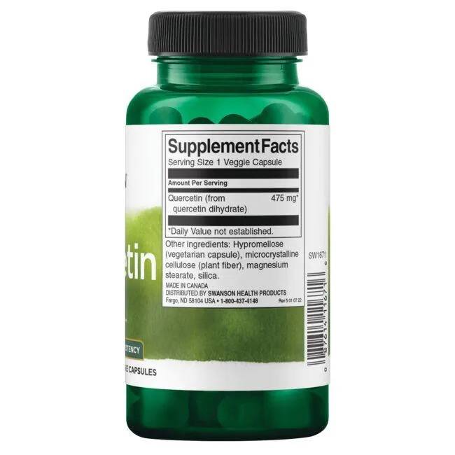 A green bottle of Swanson's Quercetin 475 mg 60 Veggie Capsules showcases a side label with supplement facts, each capsule offering 475 mg of quercetin for antioxidant effects. Made in Canada, it supports optimal health and immune function.