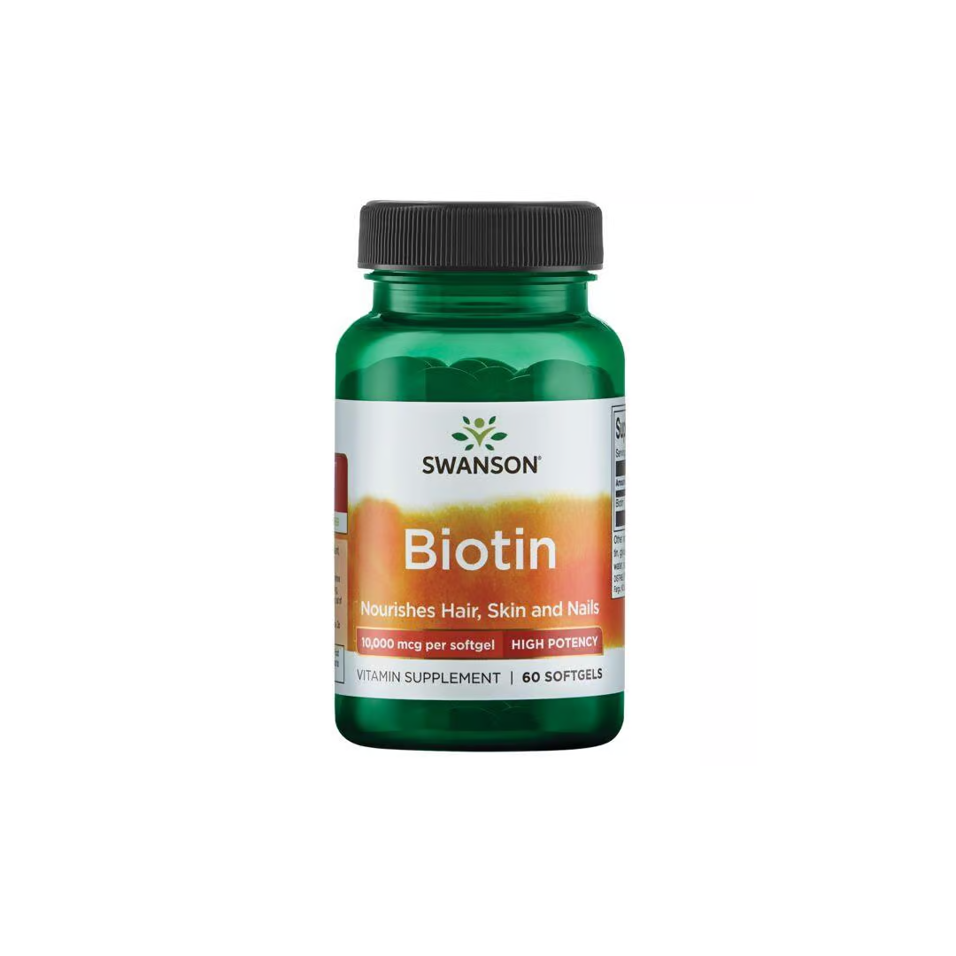 The Swanson Biotin - 10000 mcg supplement offers a green bottle with 60 high-potency softgels that nourish hair, skin, and nails.