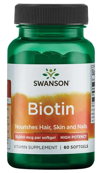 Swanson Biotin - 10000 mcg 60 softgel dietary supplement nourishes hair, skin and nails.