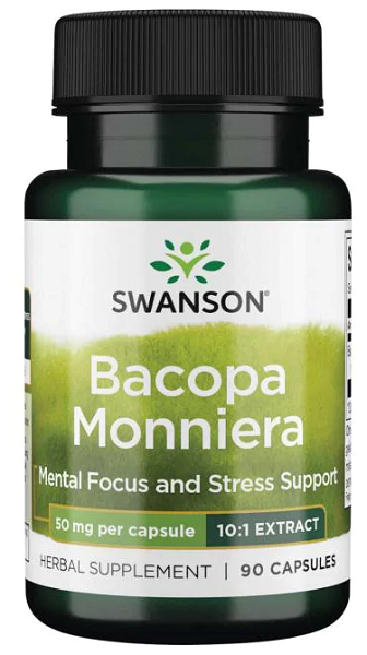Swanson Bacopa Monnieri 10:1 Extract is a dietary supplement that promotes mental focus and reduces stress.