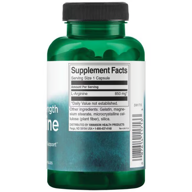 A green bottle of Swanson's L-Arginine 850 mg 90 Capsules - Maximum Strength has its facts and ingredients prominently displayed, perfect for those aiming to enhance athletic performance and support the circulatory system.