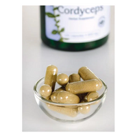 Thumbnail for A glass bowl with brown capsules stands out, while a blurred Swanson bottle of Cordyceps 600 mg 120 Capsules hints at its Tibetan highland origins as a natural energizer.